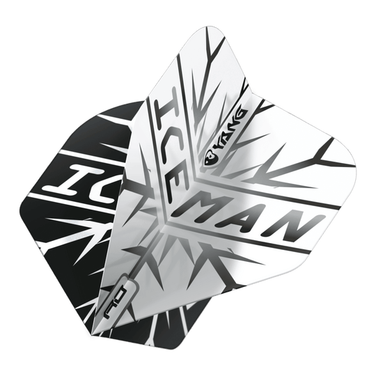 Red Dragon Gerwyn Prijs IJsman Zwart Wit Yin Yang Standaardvluchten Das Bild zeigt zwei Dartflights in Schwarz und Weiß mit dem Schriftzug "ICEMAN" und einem auffälligen Eismuster. Auf den Flights ist zudem das Wort "Yin Yang" zu sehen.
