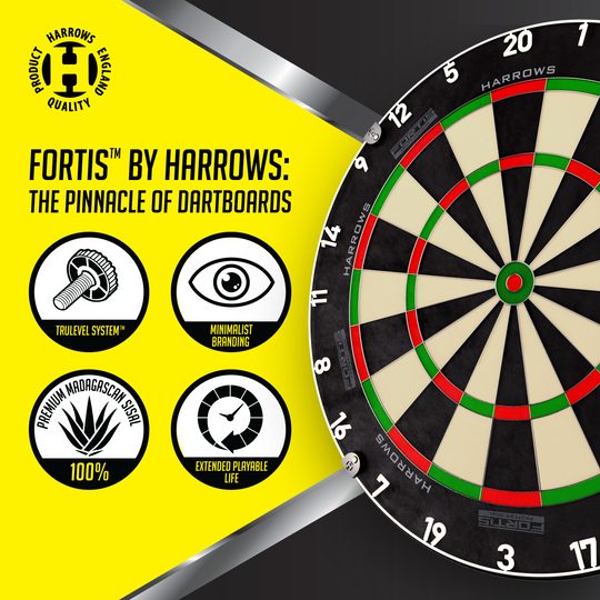 Harrows Fortis stalen dartbord Das Foto zeigt ein Harrows Fortis Steeldartboard. Es ist für professionelle Dartspieler geeignet.