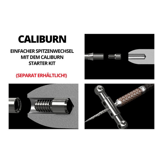 Caliburn System Steeldart Tips - Ripple - NoLip - Zwart Das Bild zeigt verschiedene technische Zeichnungen und Werkzeuge für das Mission Caliburn EVO System mit Steeldartspitzen. In roter Schrift steht "SEPARAT ERHÄLTLICH!" auf dem Bild.