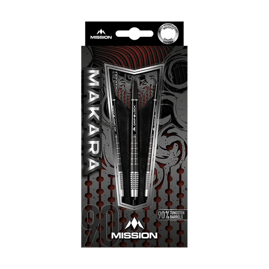 Mission Makara M2 zachte darts - 20g Das Bild zeigt die Verpackung der Mission Makara M2 Softdarts mit einem Gewicht von 20g. Die Darts bestehen zu 90 % aus Tungsten und sind ansprechend gestaltet.