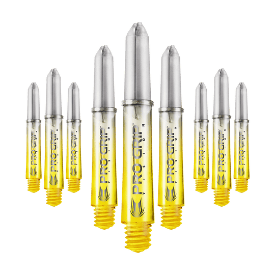 Target Pro Grip Vision Shafts - 3 sets - Geel Das Bild zeigt neun gelbe Dartschäfte mit silberfarbenen Spitzen, auf denen "PRO GRIP VISION" steht. Sie sind in einer leicht gebogenen Reihe angeordnet.