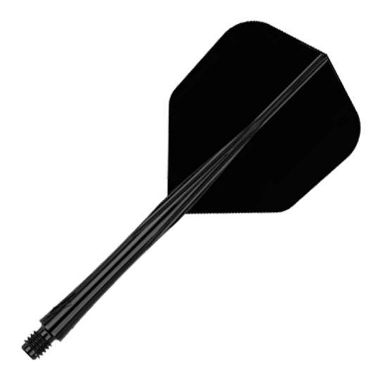Das Bild zeigt einen schwarzen Dart-Schaft mit Flight. Der Dart-Schaft ist mittellang und komplett in schwarz gehalten.