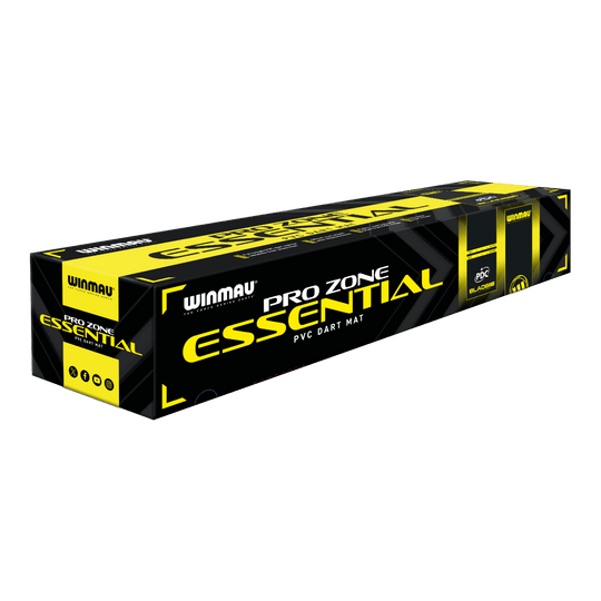 Winmau Pro-Zone Essential PVC dartmat Die Abbildung zeigt die Verpackung der 'Winmau Pro-Zone Essential PVC Dartmatte'. Die Box ist in den Farben Schwarz und Gelb gestaltet und trägt deutlich das Produktlogo.