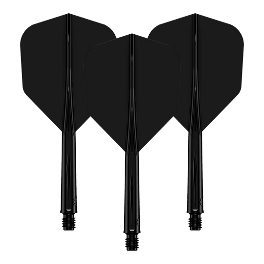 Mission Force 90 No6 Flight Shaft System - Zwart Das Bild zeigt drei schwarze Dart-Flights mit daran befestigten Schäften. Sie sind nebeneinander angeordnet und haben ein schlichtes, einfarbiges Design.