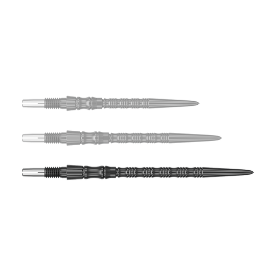 Target Signature Swiss Point TRB stalen dartpunten - zwart Ein schwarzer Dartspitzenaufsatz ist abgebildet. Die Dartspitze ist 42 mm lang und gehört zur SwissPoint Signature TRB Serie.
