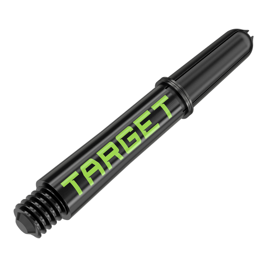 Target Pro Grip TAG Shafts - 3 Sets - Zwart Groen Dies ist ein schwarzer Dartschaft mit grünem "TARGET"-Schriftzug. Er hat ein Schraubgewinde an einem Ende und ist 34 mm lang.