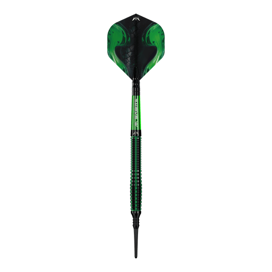 Mission Venom Softdarts - 20g Das Bild zeigt einen Softdart namens "Mission Venom Softdarts - 20g". Der Dart ist überwiegend schwarz und grün gestaltet und hat ein auffälliges, modernes Design.