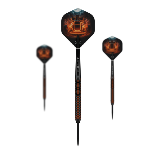 Bullet Hotrod stalen dartpijlen Auf dem Bild sind Bullet Hotrod Steeldarts zu sehen. Die Steeldarts wurden für Präzision und Leistung im Dartspiel entwickelt.