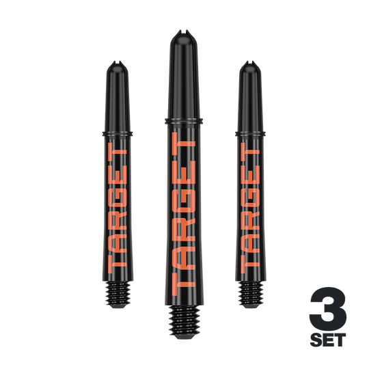 Target Pro Grip TAG Shafts - 3 sets - Zwart Oranje Das Bild zeigt drei schwarze Dartschäfte mit orangener Schrift „TARGET“. In der rechten unteren Ecke steht „3 SET“.
