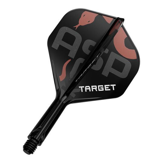 Target K-Flex Nathan Aspinall No2 Standaard Vluchtas Systeem Das Bild zeigt ein schwarzes Dart-Flügel- und Schaftsystem mit der Aufschrift "TARGET". Auf dem Flügel sind zudem die Buchstaben "Asp" sowie eine Schlangenabbildung zu sehen.