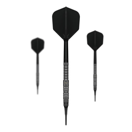 Target Black Marque Creed Soft Darts - 21,5 g Dieses Bild zeigt das Set der Target Black Marque Creed Softdarts mit 21,5g. Mehrere Komponenten des Dartsets sind deutlich erkennbar.