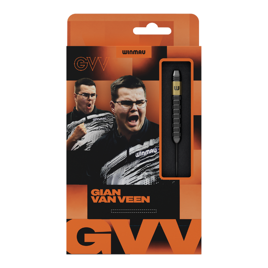 Winmau Gian Van Veen Core Messing Steeldarts - 21g Hier wird das Produkt Winmau Gian Van Veen Core Brass Steeldarts mit 21 Gramm gezeigt. Die Steeldarts liegen geordnet nebeneinander.