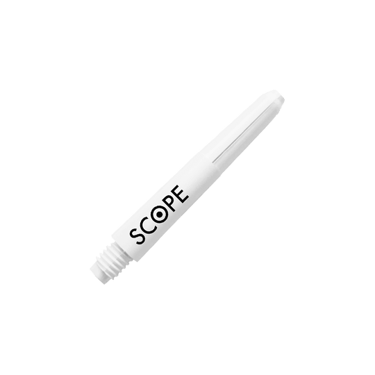 525_McDart_Scope_Nylon_Shafts_Weiss_34mm_2 Das Bild zeigt einen weißen McDart Scope Nylon Schaft für Darts. Auf dem Schaft steht in schwarzer Schrift das Wort "SCOPE".