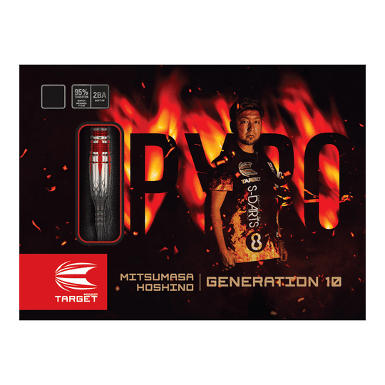 Auf dem Bild ist die Verpackung der "Target Japan Mitsumasa Hoshino Pyro GEN10 MAX Softdarts - 19g" zu sehen. Im Hintergrund steht eine Person vor Flammen, und ein Dartpfeil ist in einem Sichtfenster ausgestellt.