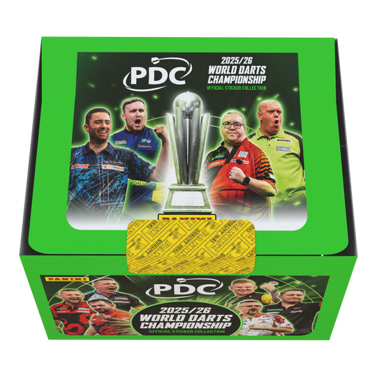 Panini PDC World Darts Championship 2025/26 - Stickerbox met 65 pakketten Die Panini PDC World Darts Championship 2025/26 Stickerbox mit 65 Tüten ist zu sehen. Das Bild gibt einen Überblick über die Verpackung und den Inhalt der Box.