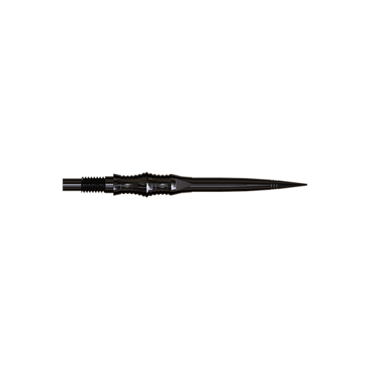 Apex Spire Black Elite Serie Dartspitzen in 30mm werden gezeigt. Die Spitzen sind dunkel und schmal.