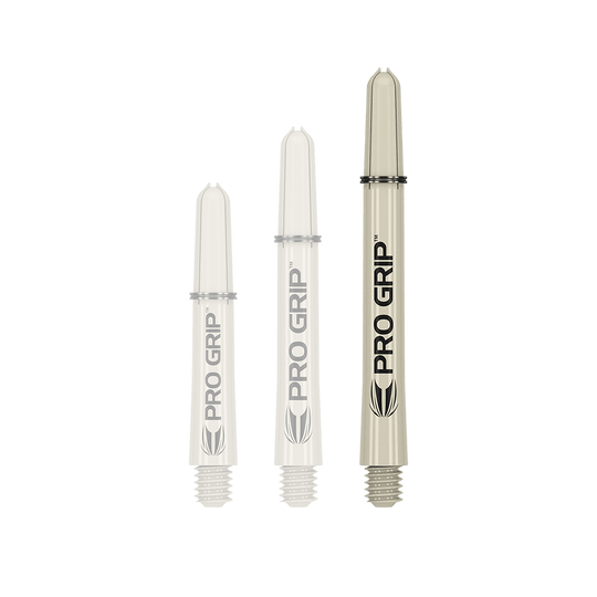 380152_Target_Pro_Grip_Shafts_Sand_48mm_1 Das Bild zeigt drei sandfarbene Dart-Schäfte in unterschiedlichen Längen. Auf jedem Schaft steht der Text "PRO GRIP".