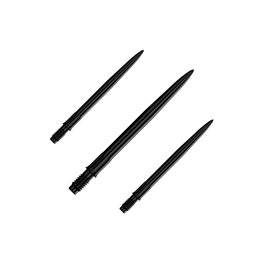 Mission R2.5 Rapid Point SM1 Dartpunten - Zwart Das Bild zeigt ein Set schwarzer Dartspitzen mit einer Länge von 30 mm. Mehrere Spitzen sind nebeneinander zu sehen.