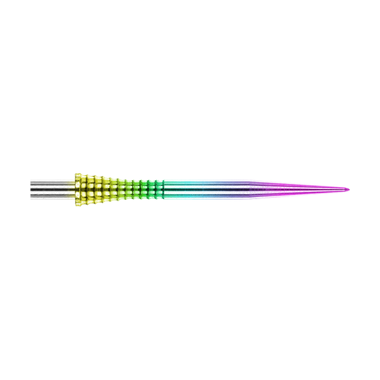 Red Dragon Raptor Gripped Rainbow stalen dartpunten 30mm Auf dem Bild ist eine Red Dragon Raptor Gripped Rainbow Steeldartspitze mit einer Länge von 38 mm zu sehen. Die Spitze besitzt einen farbigen Regenbogeneffekt und eine geriffelte Grifffläche.