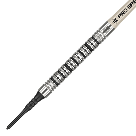 Target EXO 11 Zachte Darts Das Bild zeigt den Target EXO 11 Softdart. Der Dart hat eine silberne, gerillte Griffzone und eine schwarze Kunststoffspitze.