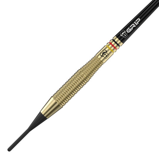 Das Bild zeigt einen Bulls Martin Schindler The Wall Brass Softdart mit einem Gewicht von 18g. Der Dartpfeil hat einen goldfarbenen, geriffelten Messingkörper und eine schwarze Softspitze.