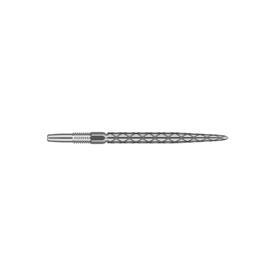 Target Swiss Diamond Pro Silver Points dartpunten Das Bild zeigt eine silberne Dartspitze mit einem rautenförmigen Muster. Sie ist lang und schmal gefertigt und hat eine glatte, glänzende Oberfläche.