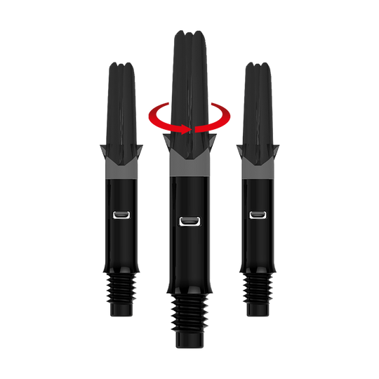 L-L-Style-Shafts Silent Straight - Zwart Auf dem Bild sind drei schwarze Dart-Schäfte ohne Kappen zu sehen. Der mittlere Schaft ist zudem mit einem roten Pfeil versehen, der eine Drehbewegung anzeigt.