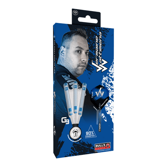 Bulls Jermaine Wattimena Generatie 3 steel darts Die Verpackung zeigt die Bulls Jermaine Wattimena Generation 3 Steeldarts mit 90% Tungsten. Auf der Vorderseite ist ein Bild von Jermaine Wattimena und die drei Darts abgebildet.