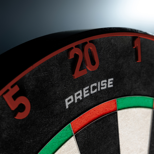 Precise 180 Endorphine Steel Dartbord met genummerde ring - Vervaagd rood Das Precise 180 Endorphine Steeldartboard mit Nummernring in Faded Red ist zu sehen. Die Abbildung präsentiert das Produkt in kräftigen Farbtönen.