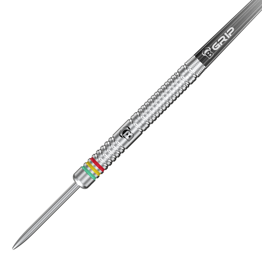 Bulls Martijn Dragt Steel Darten - 24g Das Bild zeigt einen silbernen Steeldart mit Rillen und bunten Ringen nahe der Spitze. Auf dem Dart steht "B GRIP" und es handelt sich um das Modell "Bulls Martijn Dragt Steeldarts - 24g".