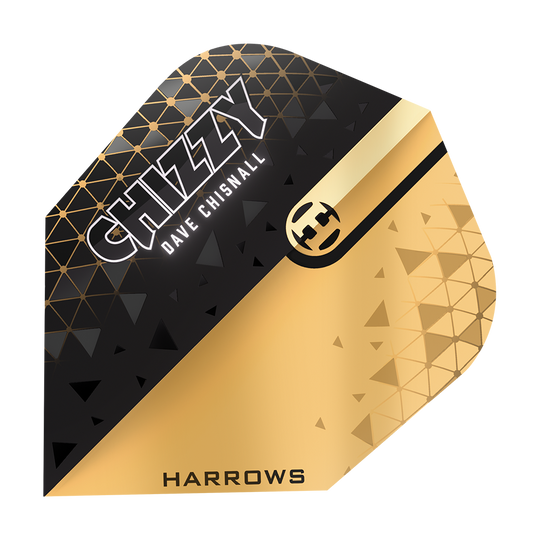 Harrows Prime Dave Chisnall Chizzy 2 nr. 6 Vluchten Das Bild zeigt ein Dartflight-Design in Schwarz und Gold mit geometrischen Mustern. Auf dem Flight stehen die Namen "CHIZZY", "Dave Chisnall" und "HARROWS".