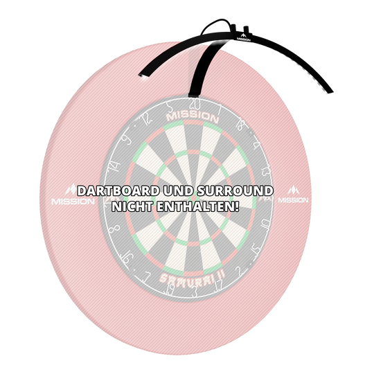 Mission Torus 100 Opvouwbare LED Dartbordverlichting Das Bild zeigt die faltbare LED Dartboard Beleuchtung "Mission Torus 100", die über einem Dartboard platziert ist. Ein Hinweis weist darauf hin, dass das Dartboard und das Surround nicht enthalten sind.