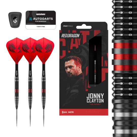 Red Dragon Jonny Clayton RD-PRO Switch Point stalen dartpijlen Dieses Bild zeigt die Red Dragon Jonny Clayton RD-PRO Switch Point Steeldarts. Die Darts liegen auf einem hellen Hintergrund.