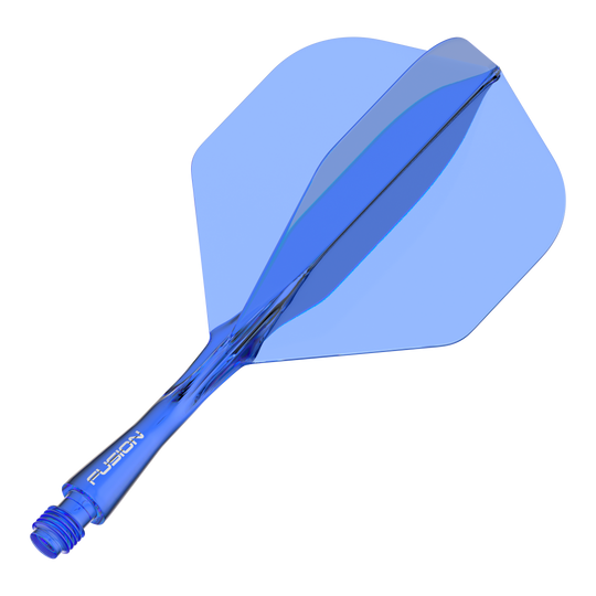 Winmau Fusion Flight Shaft System Standaard Blauw Das Bild zeigt ein blaues Dart-Flightsystem mit integriertem Schaft. Auf dem Schaft steht das Wort "FUSION".
