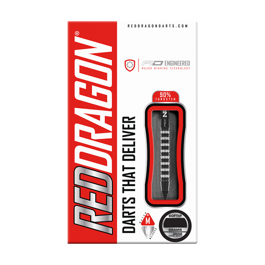 Auf dem Bild ist die Verpackung der "Red Dragon Razor Edge Elite Softdarts - 20g" zu sehen. Die Verpackung ist rot-weiß gestaltet und zeigt einen Softdart mit dem Hinweis auf 90% Tungsten.