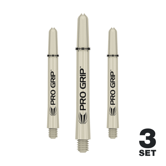 Target Pro Grip Shafts - 3 sets - Zand Auf dem Bild sind drei sandfarbene Pro Grip Dartschäfte zu sehen. Unten rechts steht "3 Set", was auf ein Set aus drei Stück hinweist.
