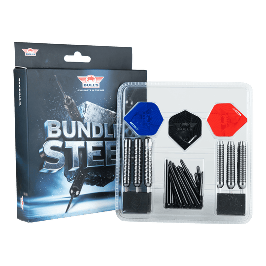 Bulls NL Bundel van Staal - 4 Sets Messing Stalen Darts Das Bild zeigt das Produkt Bulls NL Bundle Of Steel - 4 Sets Brass Steeldarts. Es handelt sich um ein Set aus vier Messing-Steeldart-Sets.