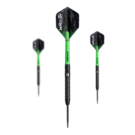 Unicorn Wraith stalen darts Auf dem Bild sind drei Unicorn Wraith Steeldarts zu sehen. Die Darts haben schwarze Spitzen, grüne Schäfte und schwarze Flights mit der Aufschrift "WRAITH".