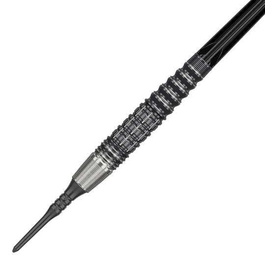 Das Bild zeigt einen Softdart aus der Target Japan Prime Series, Modell Harold Ching GEN1 Zenith MAX mit 21g Gewicht. Der Dart hat ein markantes, geriffeltes Design mit silbernen und schwarzen Elementen.