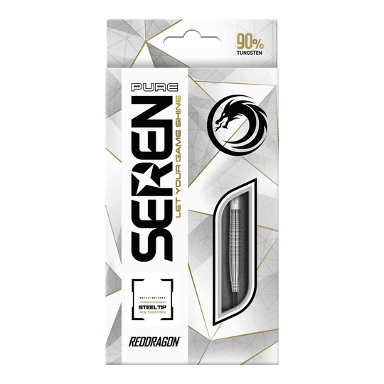 Die Verpackung zeigt die „Red Dragon Seren 4 Pure Steeldarts“. Die Darts bestehen zu 90 % aus Tungsten und haben eine Stahlspitze.