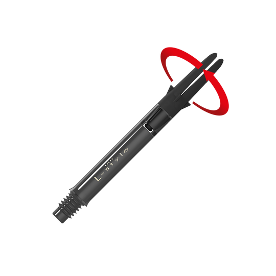 L-L-Style-Shaft Carbon Silent Straight - Zwart Das Bild zeigt einen schwarzen Dart-Schaft aus Carbon der Marke L-Style. Am oberen Ende ist ein roter, drehender Bewegungseffekt dargestellt.