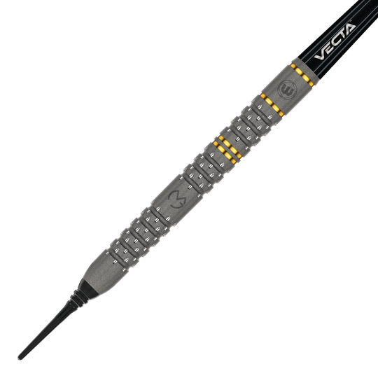 Winmau Michael Van Gerwen Evo-X zachte dartpijlen - 20g Das Bild zeigt einen Winmau Michael Van Gerwen Evo-X Softdart mit einem Gewicht von 20 Gramm. Der Dart hat ein markantes Design mit silbernen und goldenen Akzenten sowie der Aufschrift "VECTA".