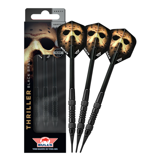Bulls NL Thriller Black Brass Softdarts - 18g Das Bild zeigt Bulls NL Thriller Black Brass Softdarts mit 18 Gramm. Diese Softdarts zeichnen sich durch ihre schwarze Optik aus.