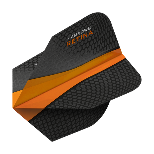HR66_Harrows_Retina_Orange_No2_Standard_Flights_2 Das Bild zeigt ein schwarzes Dartflight mit Wabenmuster und orangem Streifen. Oben steht der Schriftzug "Harrows Retina".