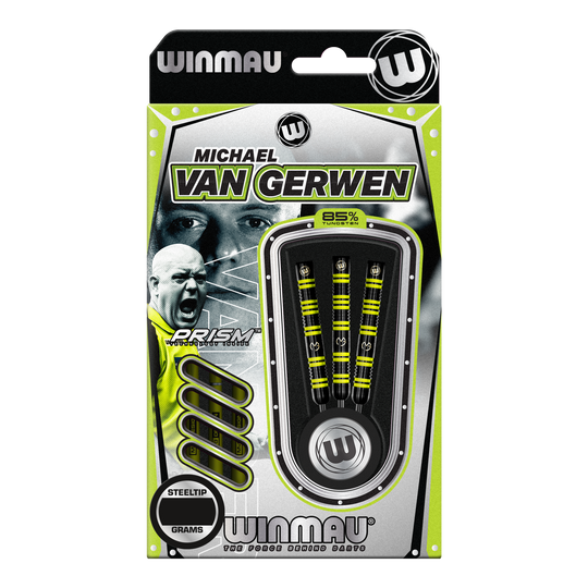 Winmau Michael Van Gerwen 85 Pro-Series stalen dartpijlen Das Bild zeigt eine Packung Winmau Michael Van Gerwen 85 Pro-Series Steeldarts. In der Verpackung sind drei Dartpfeile mit gelb-schwarzem Design sichtbar.