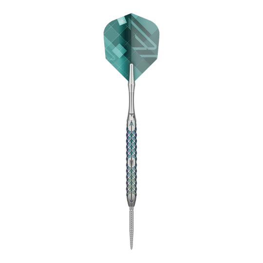 Target Rove 01 Swiss Point stalen dartpijlen Das Bild zeigt den Target Rove 01 Swiss Point Steeldart. Der Dart hat ein silbernes Barrel mit einem blauen Muster und grüne Flights.
