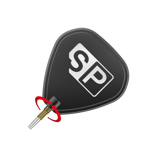 Target Swiss Point Gold darttips Das Bild zeigt eine schwarze Dart-Flügel mit den weißen Buchstaben "SP" darauf. Unten ist eine goldene Dartspitze mit einem roten Pfeil, der eine Drehbewegung anzeigt.