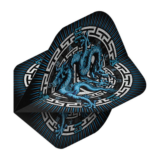 Alchemie Jaar van de Draak Nr. 2 Standaardvluchten Dieses Bild zeigt die "Alchemy Year Of The Dragon No2 Standard Flights". Auf den Flights ist ein blauer Drache mit asiatischem Muster auf schwarzem Hintergrund abgebildet.