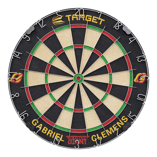 Target Gabriel Clemens stalen dartbordset Dies ist eine Steeldartscheibe mit dem Namen "Target Gabriel Clemens Steeldartboard Set". Auf der unteren Seite sind die Wörter "Gabriel Clemens" und "German Giant" zu sehen.