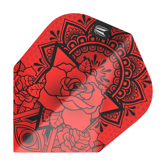 TG482_335420_Target_ProUltra_Ink_Red_No6_Flights_1 Das Bild zeigt das Produkt "Target ProUltra Ink Red No6 Flights". Es ist in leuchtendem Rot gehalten und mit schwarzen Mustern sowie einer großen Rose verziert.